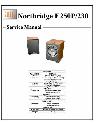 JBL Northridge E250P/230 Subwoofer
Service Manual
